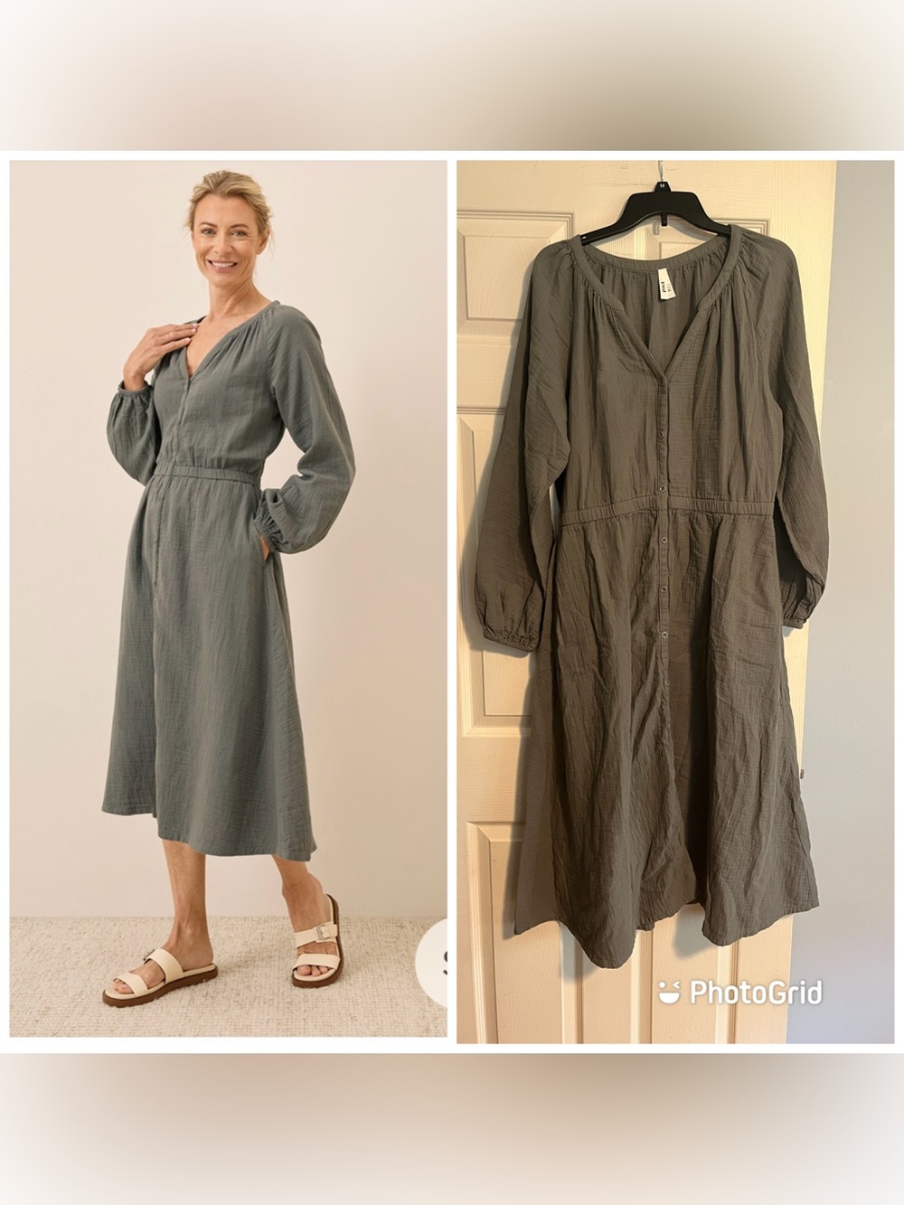 Pact Coastal Double Gauze Poet Sleeve Dress Castor Green Midi *SEE DESCRIP L